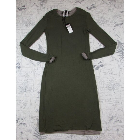 BCBGMAXAZRIA Womens Long Slv layered Olive Taupe T shirt Dress Lyocell wool M - Picture 1 of 7